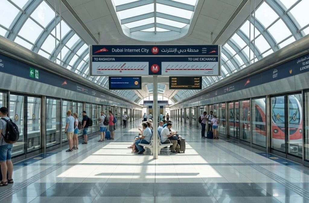 Passengers waiting on Dubai Internet City Metro Station platform